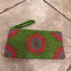 Vibrant Beaded Clutch with Green and Pink Design